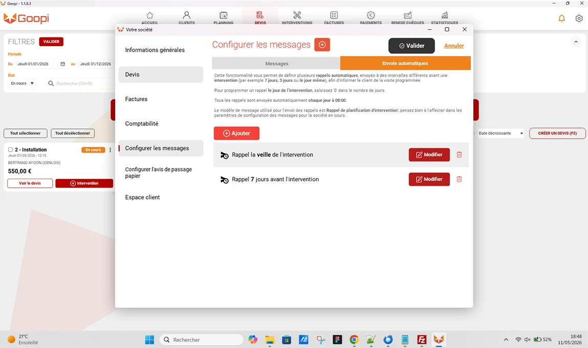 Rappels automatiques configurés dans Goopi Bureau
